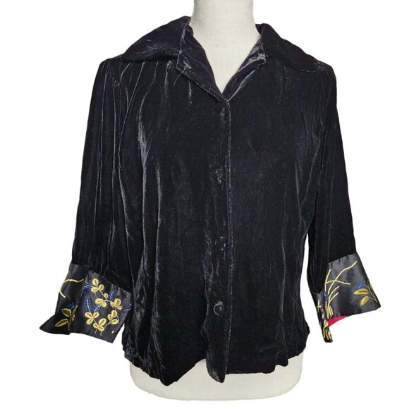 Johnny Was Sz M Silk Rayon Velvet Button Down Jacket Floral Sleeves
